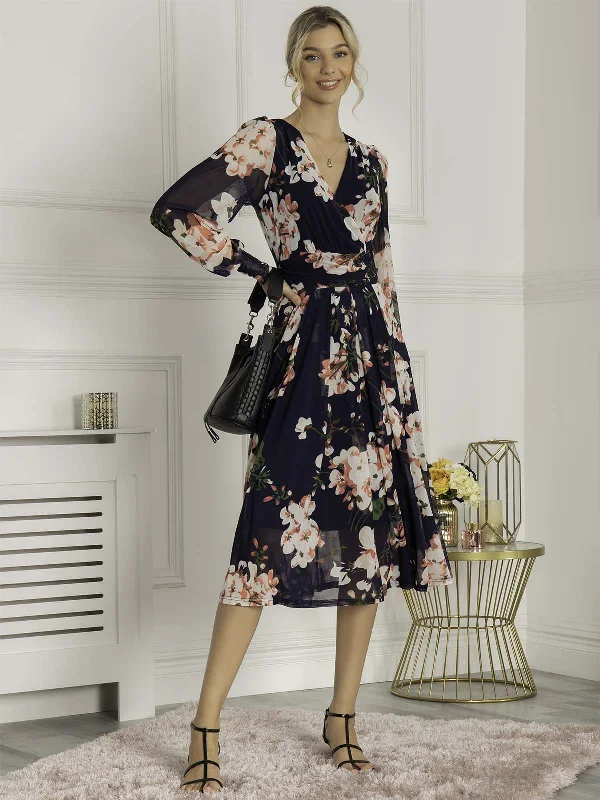 Party Dresses with Bell Sleeves and Ruffled Hem for Ladies' Retro CharmJasmine Long Sleeve Mesh Dress, Navy Floral Party Dresses with Bell Sleeves and Ruffled Hem for Ladies' Retro CharmJasmine Long Sleeve Mesh Dress, Navy Floral