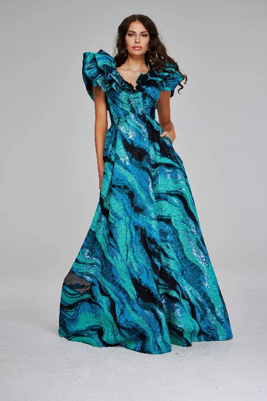 Party Dresses with Sequined Star Motifs and Sheer Sleeve and Ruffled Hem for Ladies' Celestial and Flirty LookJovani 40696 Party Dresses with Sequined Star Motifs and Sheer Sleeve and Ruffled Hem for Ladies' Celestial and Flirty LookJovani 40696