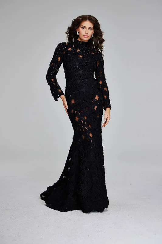 Party Dresses with Sheer Sleeve and Sequined Cuffs and Bow at the Waist for Ladies' Elegant and Sweet LookJovani 40743 Party Dresses with Sheer Sleeve and Sequined Cuffs and Bow at the Waist for Ladies' Elegant and Sweet LookJovani 40743