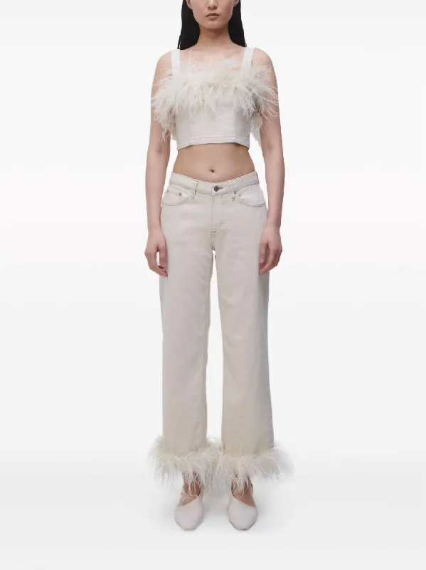 Drawstring wide leg pants for women in a casual and relaxed styleJude Denim Pant With Feather Hem In Ivory Drawstring wide leg pants for women in a casual and relaxed styleJude Denim Pant With Feather Hem In Ivory