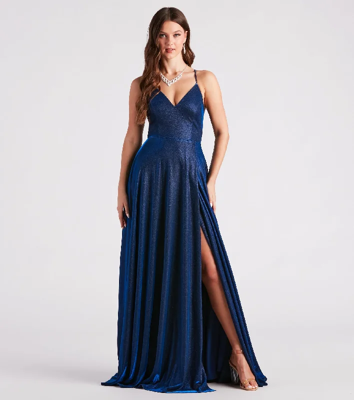 Party Dresses with Satin and Lace Trimmed Neckline and Ruffled Sleeves for Ladies' Sophisticated and Girly LookKensley Formal Glitter A-Line Dress Party Dresses with Satin and Lace Trimmed Neckline and Ruffled Sleeves for Ladies' Sophisticated and Girly LookKensley Formal Glitter A-Line Dress