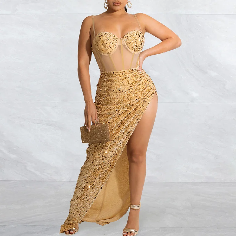 Party Dresses with Sequined Stripes and Sheer Back for Ladies' Bold and Sexy LookMALYBGG Sequined Mesh Perspective Irregular-Slit Dress 5843LY Party Dresses with Sequined Stripes and Sheer Back for Ladies' Bold and Sexy LookMALYBGG Sequined Mesh Perspective Irregular-Slit Dress 5843LY