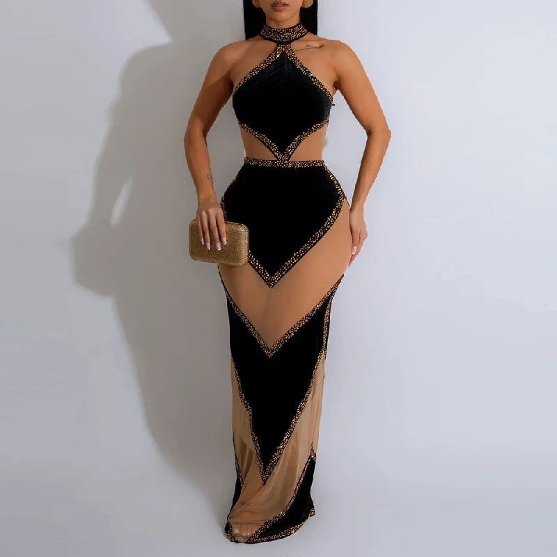 Sleeveless Chiffon Party Dresses with Slit for Ladies' Cocktail PartiesMALYBGG Rhinestone Embellished Sleeveless Halter Dress 7351LY