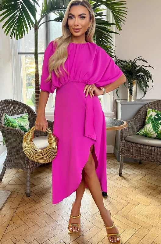 High Low Hem Party Dresses with Sheer Panel for Ladies' Fashion Forward LookMillie Hot Pink Batwing Detail Dress High Low Hem Party Dresses with Sheer Panel for Ladies' Fashion Forward LookMillie Hot Pink Batwing Detail Dress