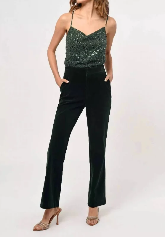 Thermal lined pants for women in cold weatherMilton Velvet Straight Leg Trouser In Forest Green