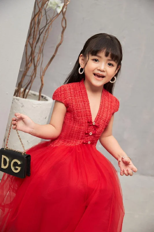Sleeveless Party Dresses with Sequined Neckline for Ladies' Glamorous AppealNomi Gathered V-Neck Tweed Baby Girl Floor Length Dress Sleeveless Party Dresses with Sequined Neckline for Ladies' Glamorous AppealNomi Gathered V-Neck Tweed Baby Girl Floor Length Dress
