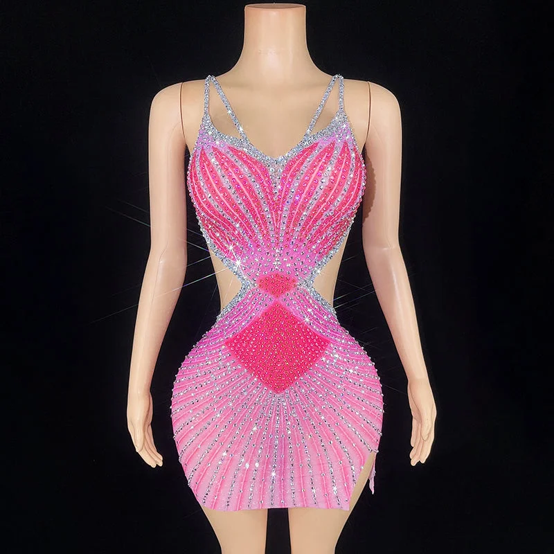 Party Dresses with Sequined Bodice and Chiffon Skirt for Ladies' Elegant ContrastNOVANCE summer clothes for women suspender pink diamonds stretchy mesh sexy mini dress evening dresses for prom party ball room