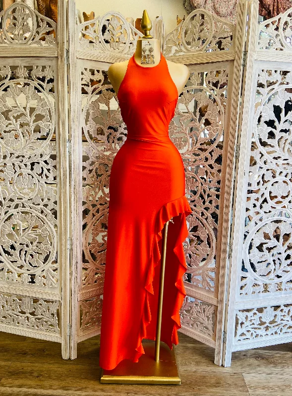 Party Dresses with Pleated Tulle Skirt and Sequined Geometric Shapes for Ladies' Princess and Modern LookOrange Red Ruffled Mock Neck Dress Party Dresses with Pleated Tulle Skirt and Sequined Geometric Shapes for Ladies' Princess and Modern LookOrange Red Ruffled Mock Neck Dress