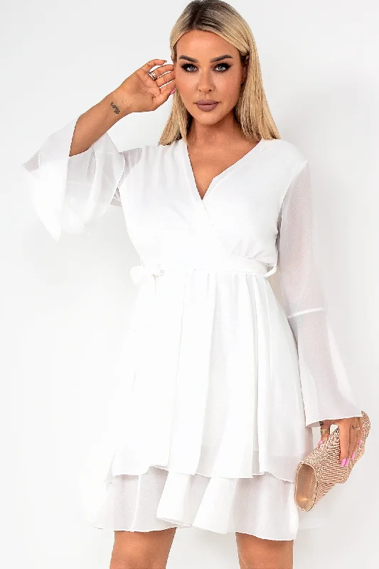 Party Dresses with Sequined Floral Motifs and Satin Ribbon Detailing for Ladies' Elegant and Delicate LookOreta White Chiffon Dress Party Dresses with Sequined Floral Motifs and Satin Ribbon Detailing for Ladies' Elegant and Delicate LookOreta White Chiffon Dress
