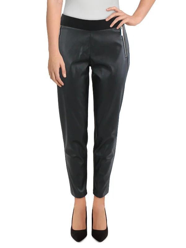Patchwork wide leg denim pants for women in a creative and unique stylePlus Womens Faux Leather Ankle High-Waisted Pants Patchwork wide leg denim pants for women in a creative and unique stylePlus Womens Faux Leather Ankle High-Waisted Pants