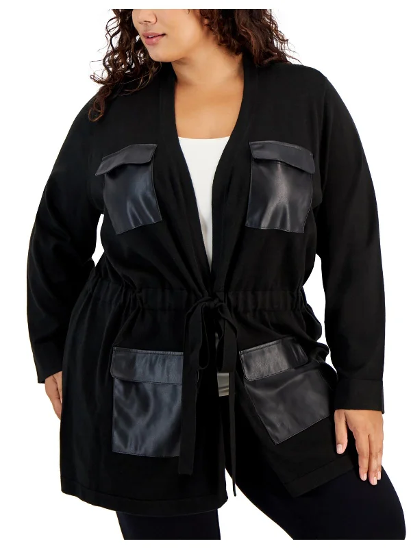 Military - style jackets with epaulets and brass buttons for a tough lookPlus Womens Faux Leather Trim Jacket Cardigan Sweater Military - style jackets with epaulets and brass buttons for a tough lookPlus Womens Faux Leather Trim Jacket Cardigan Sweater