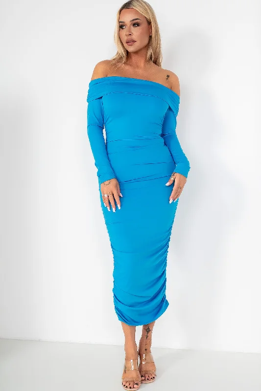 Party Dresses with Sequined Hearts and Ruffled Hem and Satin and Lace Combo and Bow at the Waist for Ladies' Romantic and Sweet LookQuilla Blue Bardot Dress Party Dresses with Sequined Hearts and Ruffled Hem and Satin and Lace Combo and Bow at the Waist for Ladies' Romantic and Sweet LookQuilla Blue Bardot Dress