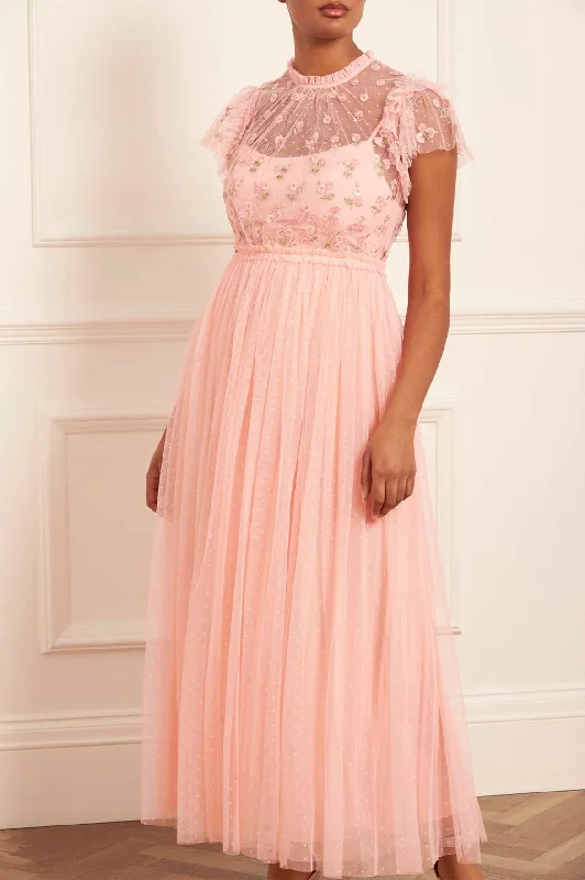 Party Dresses with Sequined Star Motifs and Sheer Sleeve and Ruffled Hem for Ladies' Celestial and Flirty LookRococo Bodice Ankle Gown Party Dresses with Sequined Star Motifs and Sheer Sleeve and Ruffled Hem for Ladies' Celestial and Flirty LookRococo Bodice Ankle Gown