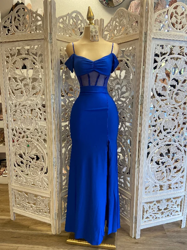 Puff Sleeve Party Dresses with Bell Bottom for Ladies' 80s Style PartyRoyal Blue Corset Mesh Formal Dress Puff Sleeve Party Dresses with Bell Bottom for Ladies' 80s Style PartyRoyal Blue Corset Mesh Formal Dress