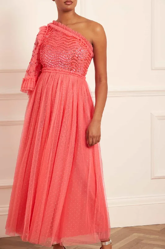 Party Dresses with Metallic Sequined Bodice and Chiffon Skirt and Ruffled Hem for Ladies' Glamorous and Flirty LookShimmer Wave Bodice One-Shoulder Ankle Gown Party Dresses with Metallic Sequined Bodice and Chiffon Skirt and Ruffled Hem for Ladies' Glamorous and Flirty LookShimmer Wave Bodice One-Shoulder Ankle Gown