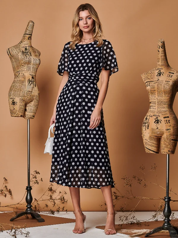 Party Dresses with Embroidered Stars and Sequined Dots and Sheer Sleeve for Ladies' Celestial and Elegant LookSpot Print Chiffon Maxi Dress, Navy Spot Party Dresses with Embroidered Stars and Sequined Dots and Sheer Sleeve for Ladies' Celestial and Elegant LookSpot Print Chiffon Maxi Dress, Navy Spot