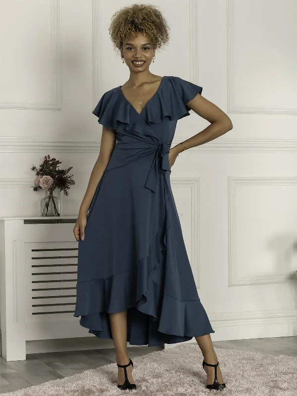 Strapless Party Dresses with Beaded Bodice for Ladies' Special OccasionsPriya Frill Dipped Hem Dress, Teal Strapless Party Dresses with Beaded Bodice for Ladies' Special OccasionsPriya Frill Dipped Hem Dress, Teal