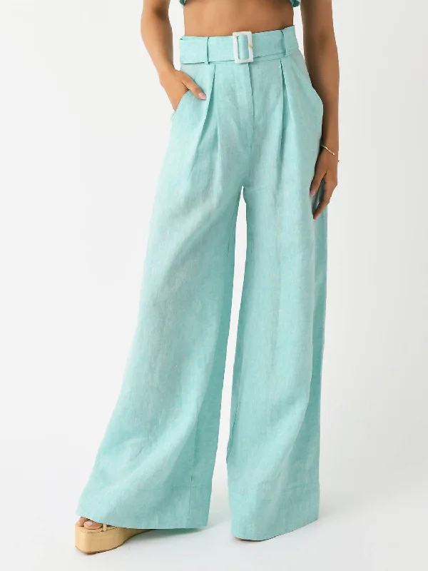 Cargo pants for women with multiple pocketsWide Leg Pleated Pant In Seafoam Melange Linen Cargo pants for women with multiple pocketsWide Leg Pleated Pant In Seafoam Melange Linen