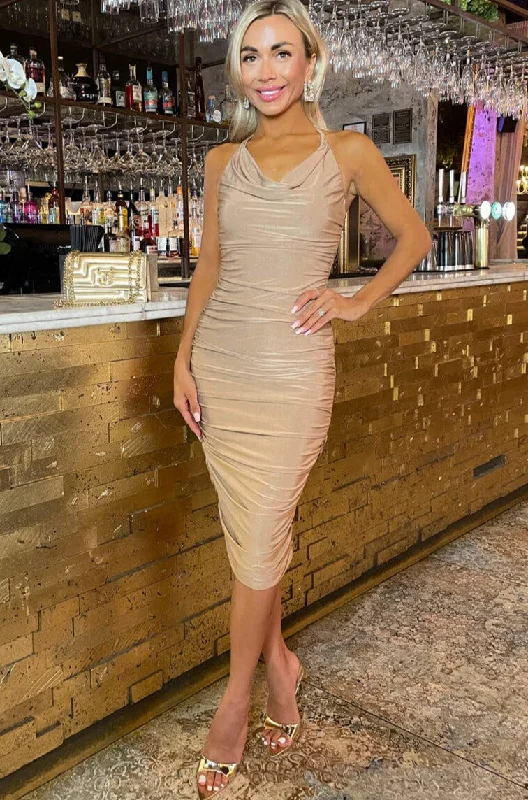 Party Dresses with Sheer Panels and Sequined Trim for Ladies' Sultry and Sparkly LookWilda Camel Ruched Dress Party Dresses with Sheer Panels and Sequined Trim for Ladies' Sultry and Sparkly LookWilda Camel Ruched Dress