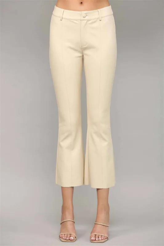Solid color palazzo pants for women in bright huesWomen's Faux Leather Flare Pant In Ecru Solid color palazzo pants for women in bright huesWomen's Faux Leather Flare Pant In Ecru