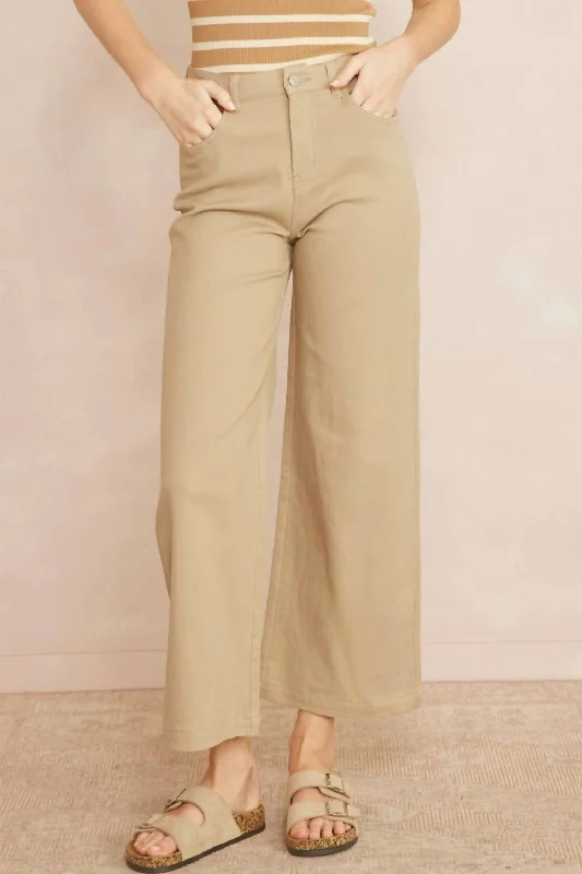 Linen blend palazzo pants for women in a breezy styleWomen's Wide Leg Denim Pant In Tan Linen blend palazzo pants for women in a breezy styleWomen's Wide Leg Denim Pant In Tan