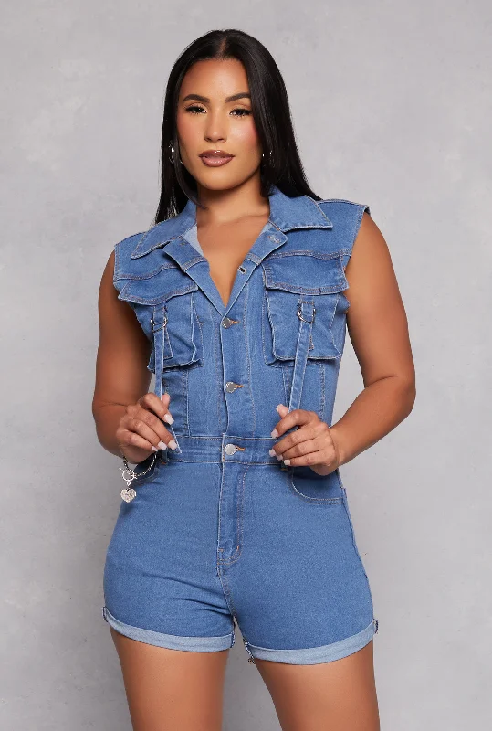 Daisy Denim Sleeveless Utility Romper