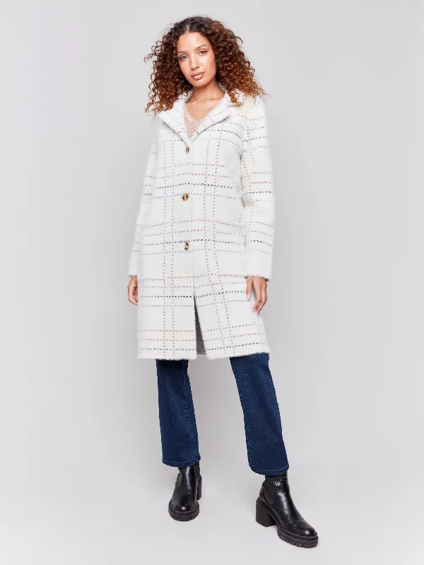 Long woolen coats with a belted waist for a sophisticated lookPlaid Knit Coatigan - Ecru