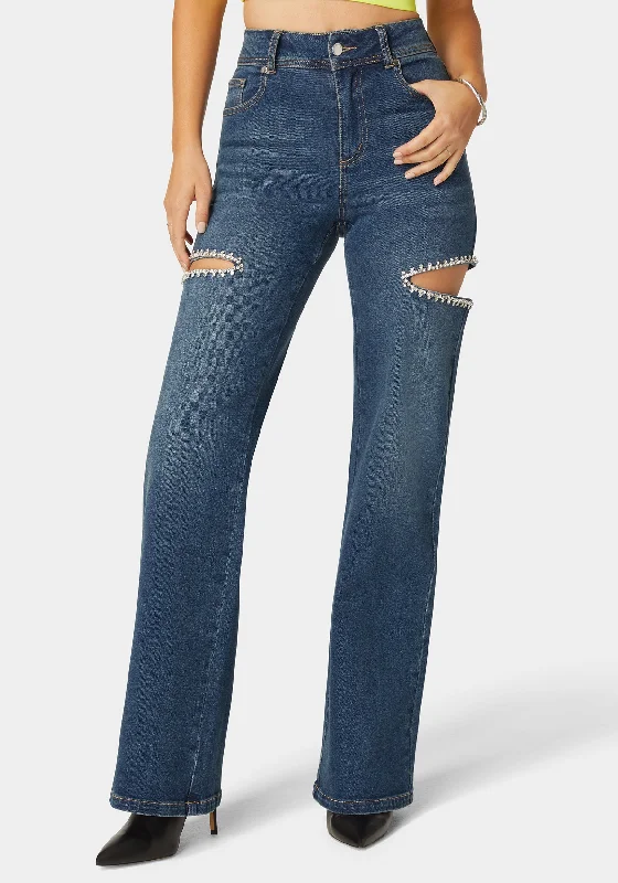 High Waist Studded Cut Out Wide Leg Jean