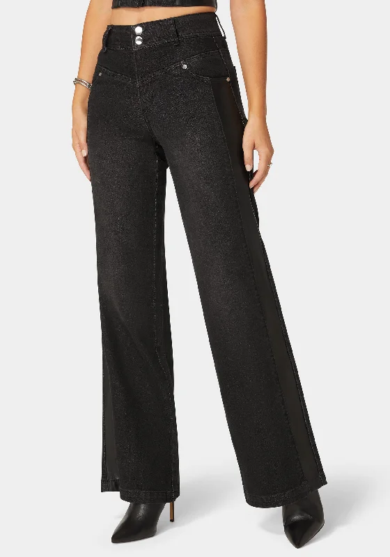 High Waist Vegan Leather Side Panel Wide Leg Jean