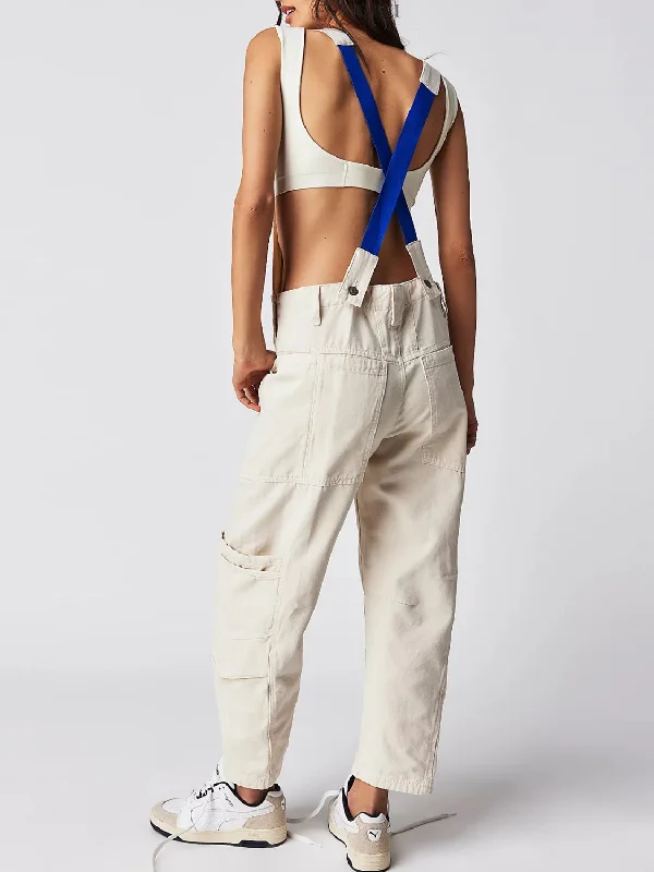 Hot Girl Pocketed Contrast Strap Denim Overalls