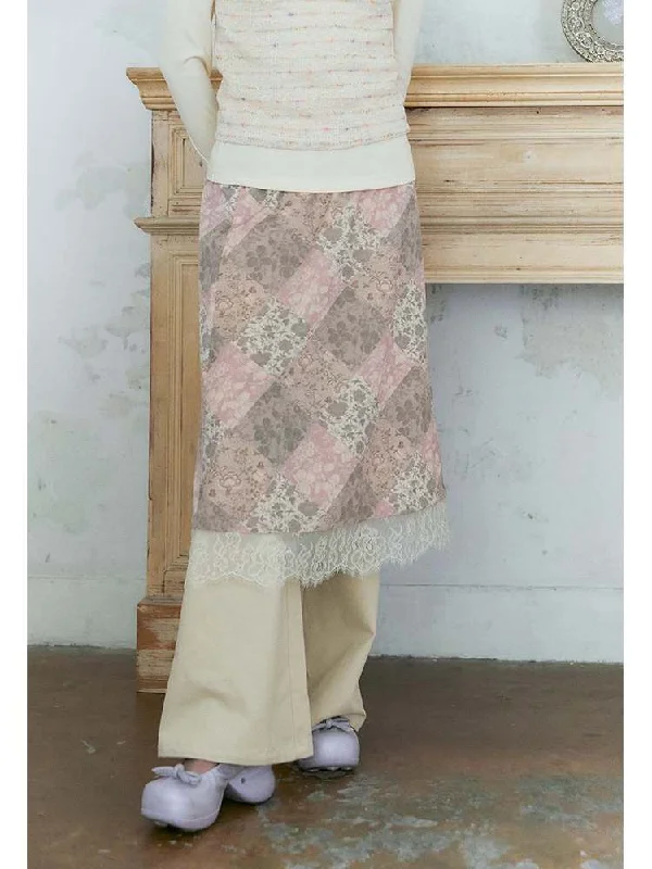 Skirts with a gathered side panelFloral Print Lace Layered Skirt【s0000007578】