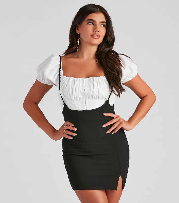 Skirts with a back vent for ease of movementSweet Staple Crepe Suspender Skirt