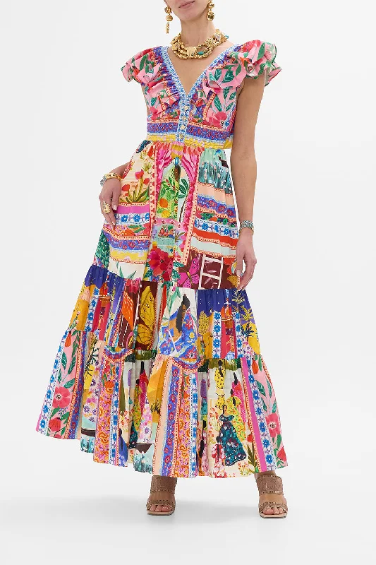 Elegant Silk Maxi Dresses with High SlitsTIERED DRESS WITH NECK FRILL ROEQIYAS REALM Elegant Silk Maxi Dresses with High SlitsTIERED DRESS WITH NECK FRILL ROEQIYAS REALM