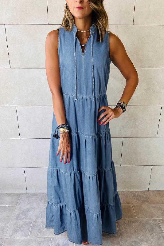 Pure White Maxi Dresses for a Timeless and Elegant LookBlue Sleeveless Tiered Chambray Maxi Dress Pure White Maxi Dresses for a Timeless and Elegant LookBlue Sleeveless Tiered Chambray Maxi Dress