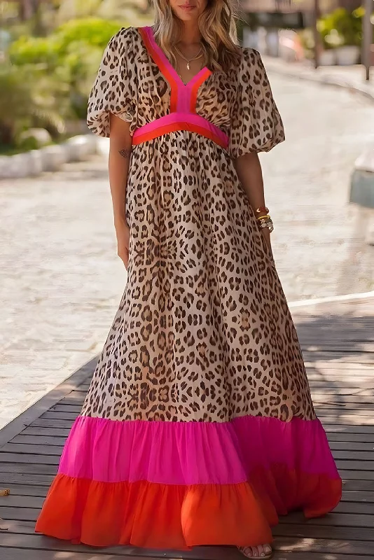 Light Pink Flowy Maxi Dresses for SpringBright Pink Leopard Colorblock Patchwork Bubble Sleeve Maxi Dress Light Pink Flowy Maxi Dresses for SpringBright Pink Leopard Colorblock Patchwork Bubble Sleeve Maxi Dress