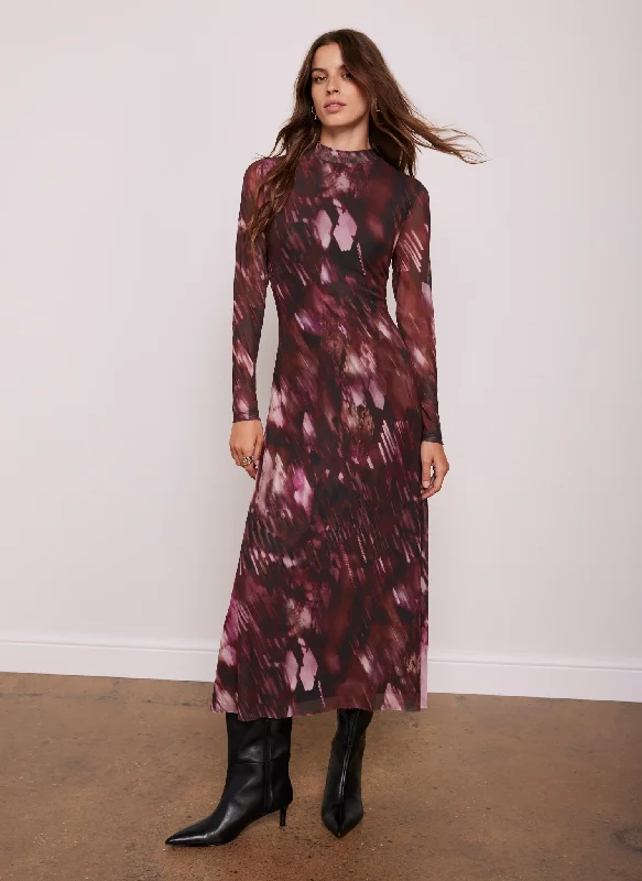 Black Lace Maxi Dresses for a Sexy AppealBurgundy Abstract Print Mesh Midi Dress
