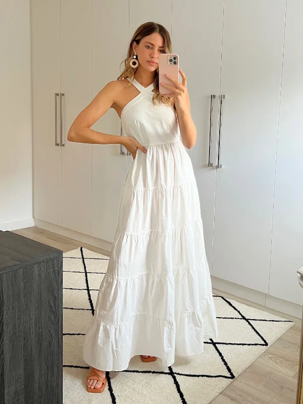 Maxi Dresses for Romantic Date NightsImmy Halter Tiered Dress / White