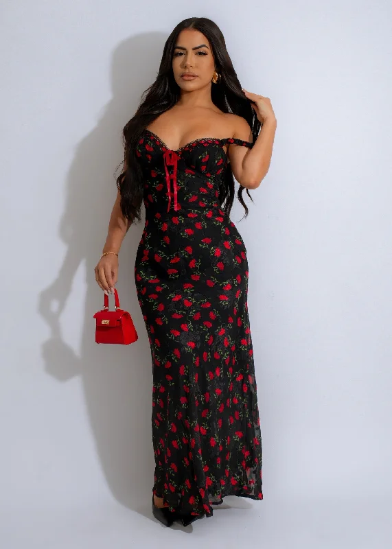 Maxi Dresses for Company Annual MeetingsCrimson Blooms Maxi Dress Black