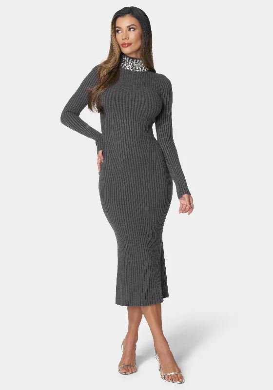 Long - Sleeved Maxi Dresses for Autumn and WinterCrystal Neck Midi Sweater Dress