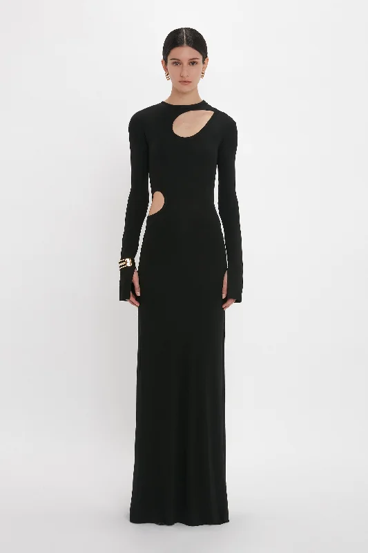 Long - Sleeved Maxi Dresses for Autumn and WinterCut-Out Jersey Floor-Length Dress In Black Long - Sleeved Maxi Dresses for Autumn and WinterCut-Out Jersey Floor-Length Dress In Black
