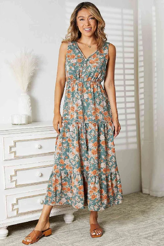 Energetic Orange Maxi Dresses for a Vivid LookDouble Take Floral V-Neck Tiered Sleeveless Dress Energetic Orange Maxi Dresses for a Vivid LookDouble Take Floral V-Neck Tiered Sleeveless Dress