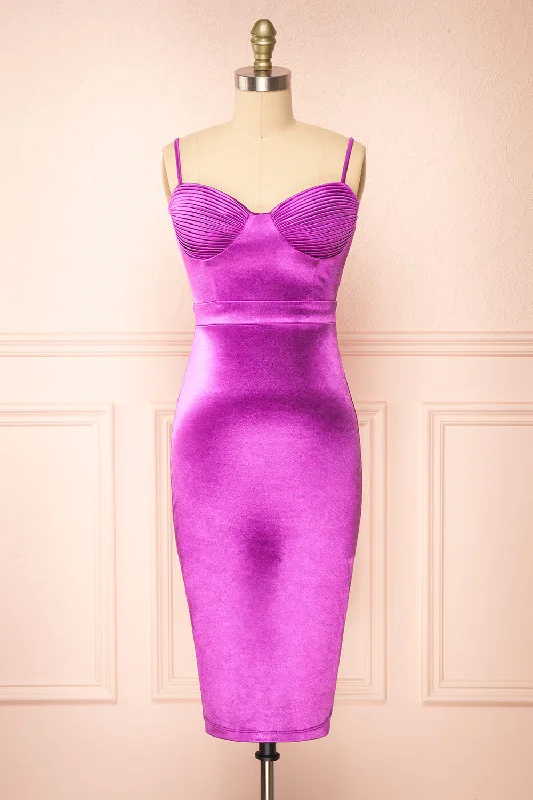 Maxi Dresses with Abstract Art Prints for a Unique StyleElderia Purple | Fitted Satin Midi Dress Maxi Dresses with Abstract Art Prints for a Unique StyleElderia Purple | Fitted Satin Midi Dress