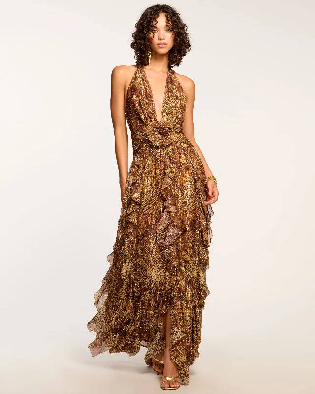 Fluffy Fleece Maxi Dresses for Warmth in WinterEmerance Plunging Halter Gown