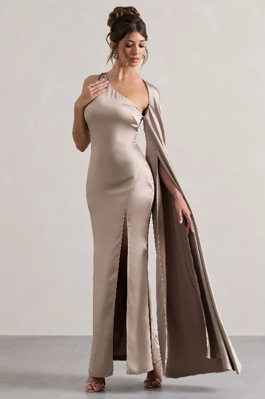 Maxi Dresses with Drawstring Waists for a Relaxed FitGala | Taupe Satin One-Shoulder Cape Sleeve Split Maxi Dress Maxi Dresses with Drawstring Waists for a Relaxed FitGala | Taupe Satin One-Shoulder Cape Sleeve Split Maxi Dress
