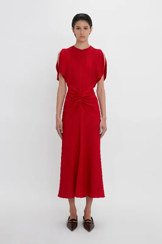 European and American - Style Simple and Elegant Maxi DressesGathered Waist Midi Dress In Carmine European and American - Style Simple and Elegant Maxi DressesGathered Waist Midi Dress In Carmine