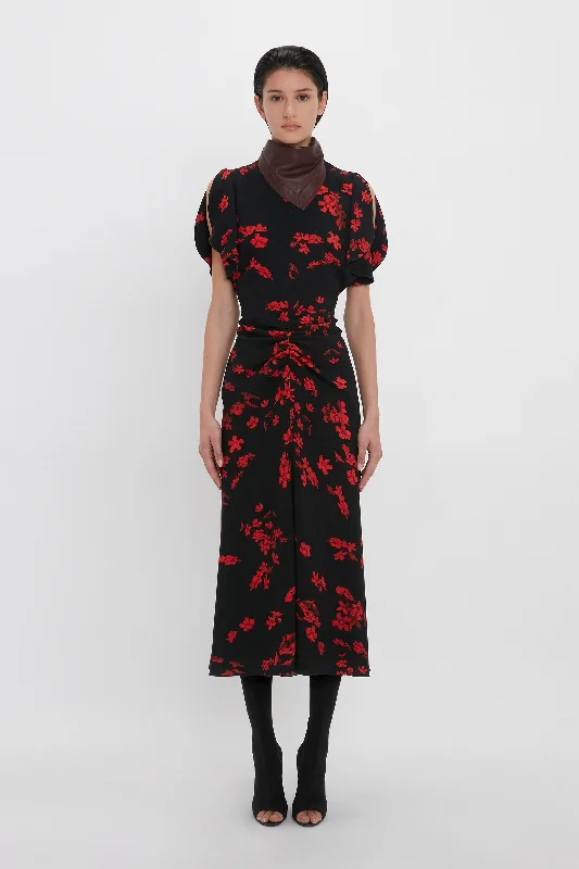 Retro Polka - Dot Maxi Dresses for a Nostalgic FeelGathered Waist Midi Dress In Sci-Fi Black Floral Retro Polka - Dot Maxi Dresses for a Nostalgic FeelGathered Waist Midi Dress In Sci-Fi Black Floral