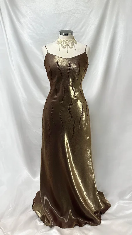 Elegant Silk Maxi Dresses with High SlitsGolden Cocoa 90s Iridescent Embellished Gown