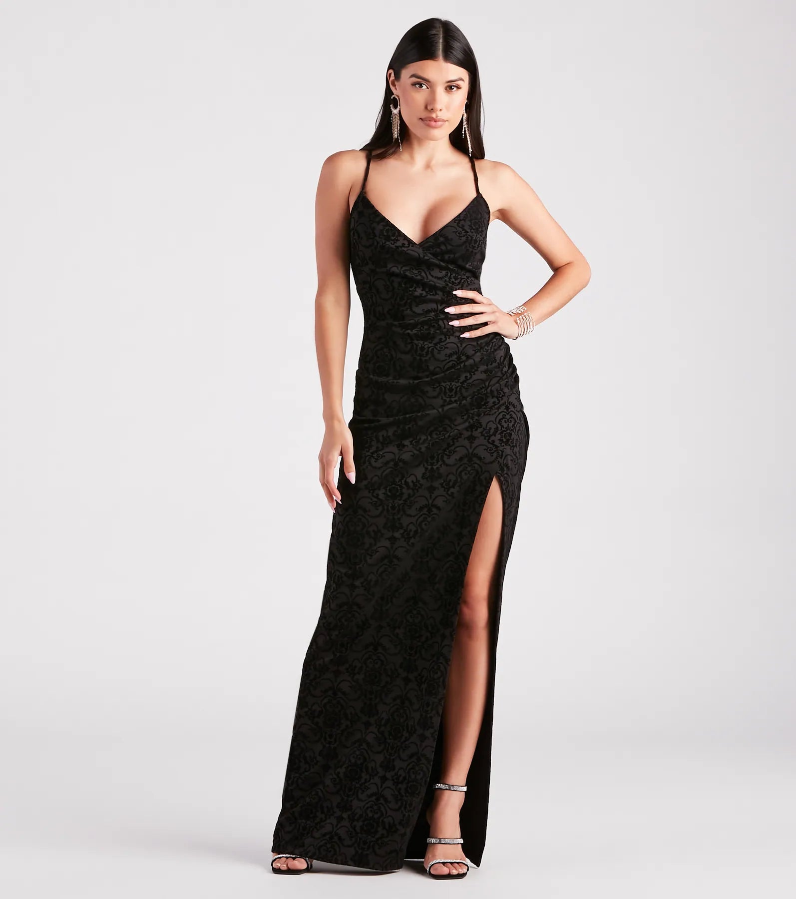 Maxi Dresses for Music Festivals with a Bohemian FlairGretchen Formal Flocked Velvet Wrap Dress Maxi Dresses for Music Festivals with a Bohemian FlairGretchen Formal Flocked Velvet Wrap Dress