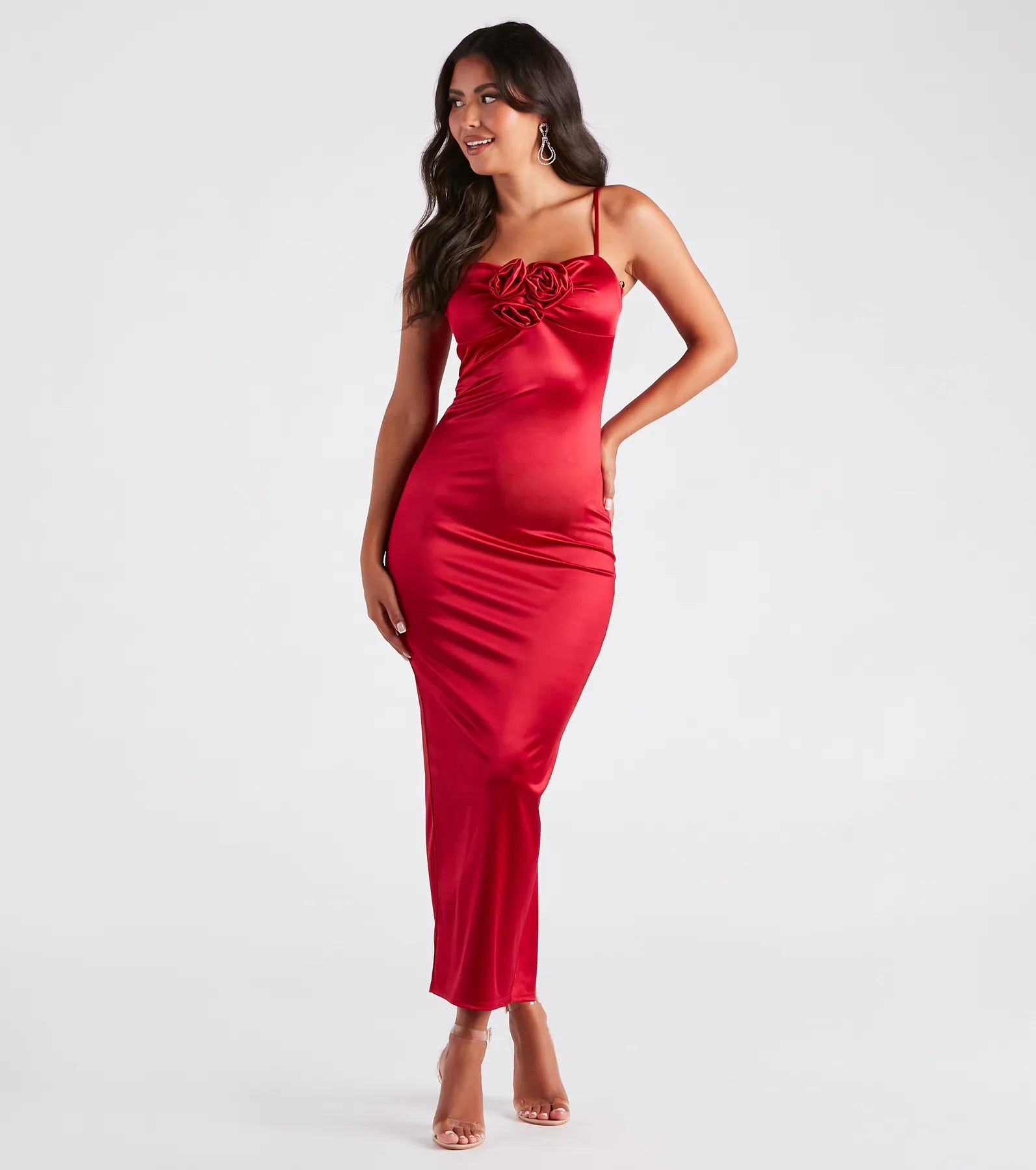 Maxi Dresses with Double - Layered Skirts for a Flowing EffectLeia Rosette Applique Long Satin Formal Dress