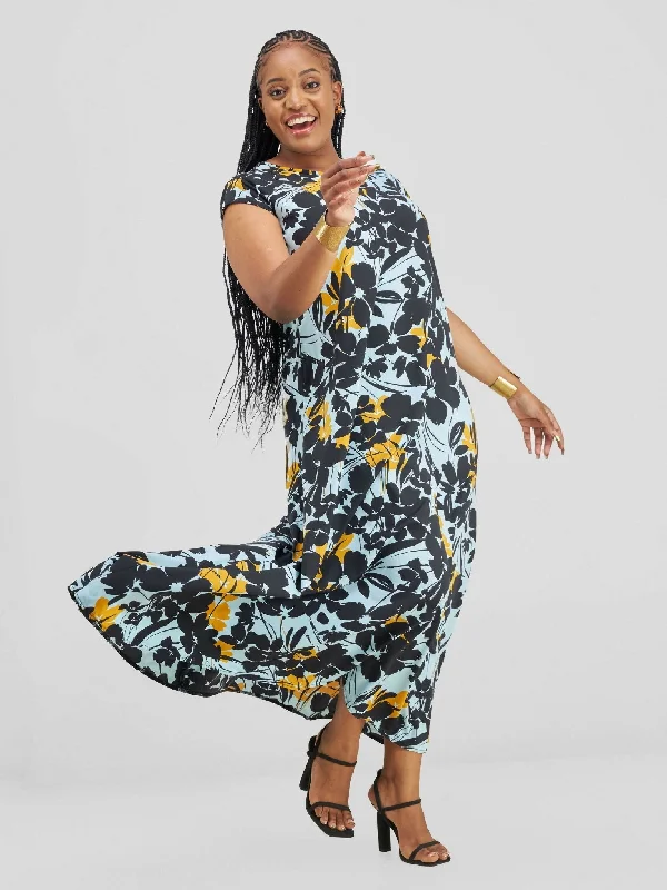 Maxi Dresses with Strap - Tie Details for a Personalized FitElle Maxi Dress - Blue / Yellow Maxi Dresses with Strap - Tie Details for a Personalized FitElle Maxi Dress - Blue / Yellow